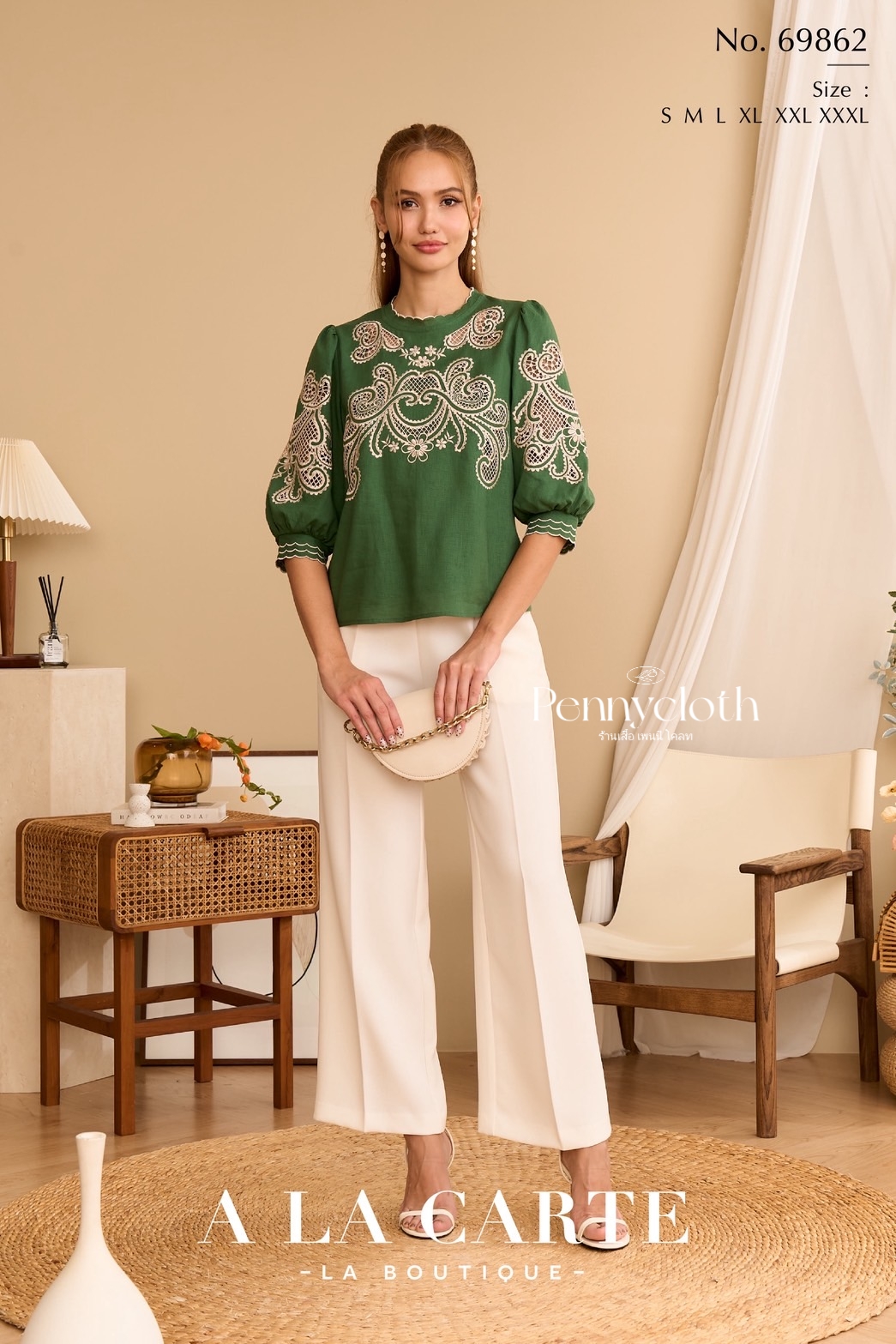 69862 เสื้อ A La Carte ลินินผสมคอตตอน งานปักฉลุ มีซับ เนื้อดีใส่สบาย by PENNY CLOTH