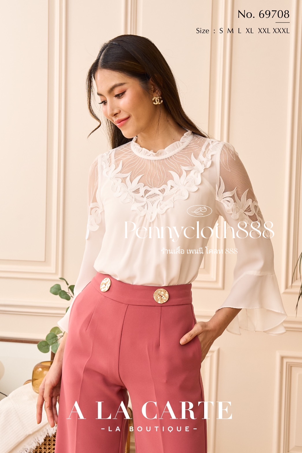 69708 เสื้อ A La Carte ชีฟอง งานปักผ้าลูกไม้ตาข่าย ช่วงอกและแขน ทรงแขนแฟร์ เสื้อมีซับใน