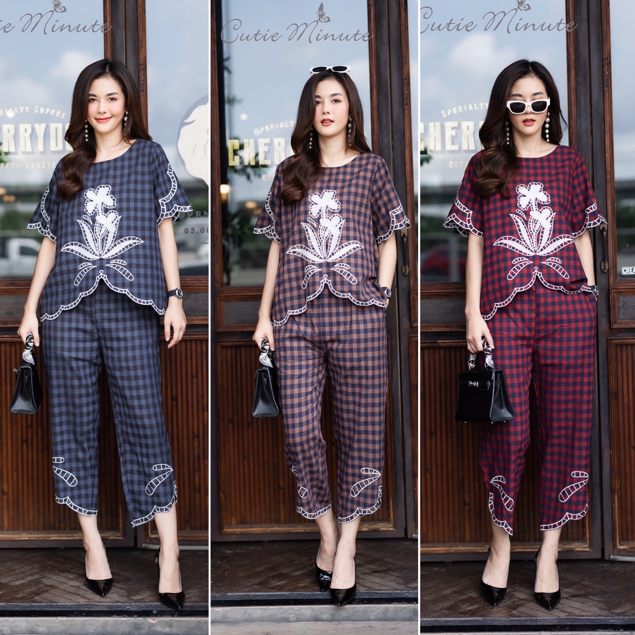 P0463 ชุดเซ็ทผ้าลินินฝ้ายเกรดพรีเมี่ยม เนื้อผ้านิ่มกำลังดีมาพร้อมลายสก๊อตสุดฮิต งานปักกางเกงมีกระเป๋า อก 44 นิ้ว สี กรม น้ำตาล เลือดหมู