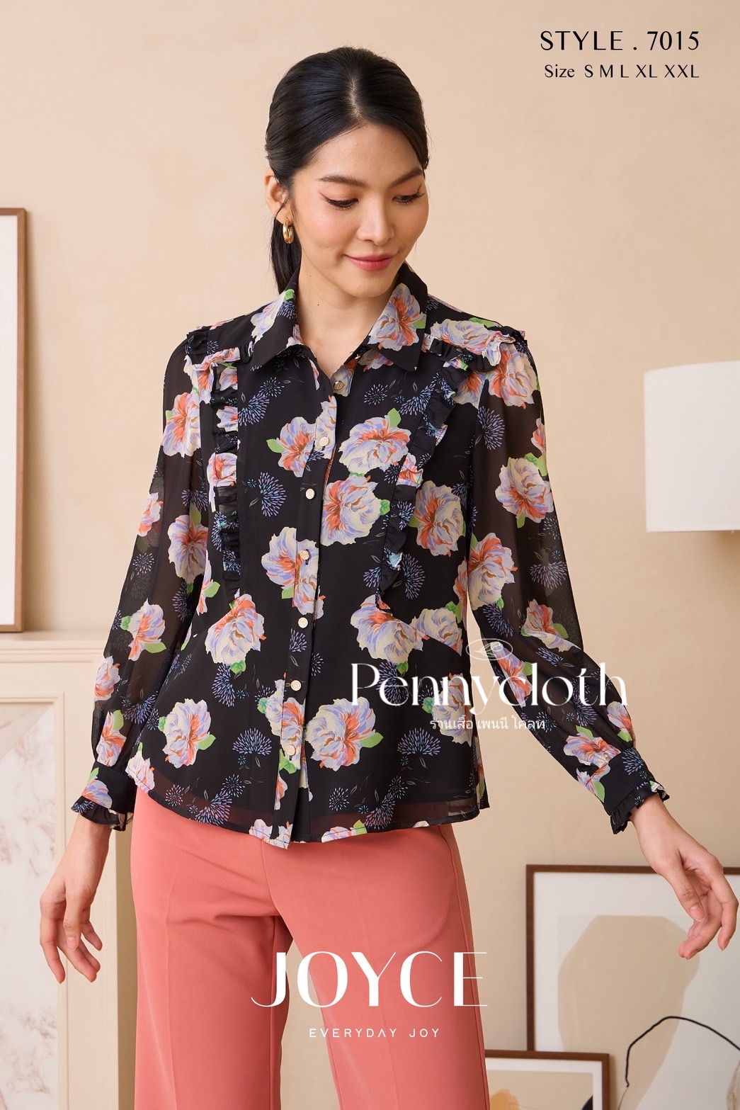 7015 เสื้อเชิ้ต Joyce ชีฟองพิมพ์ลาย แต่งระบาย มีกระดุมหน้า ซับใน แขนยาว by PENNY CLOTH