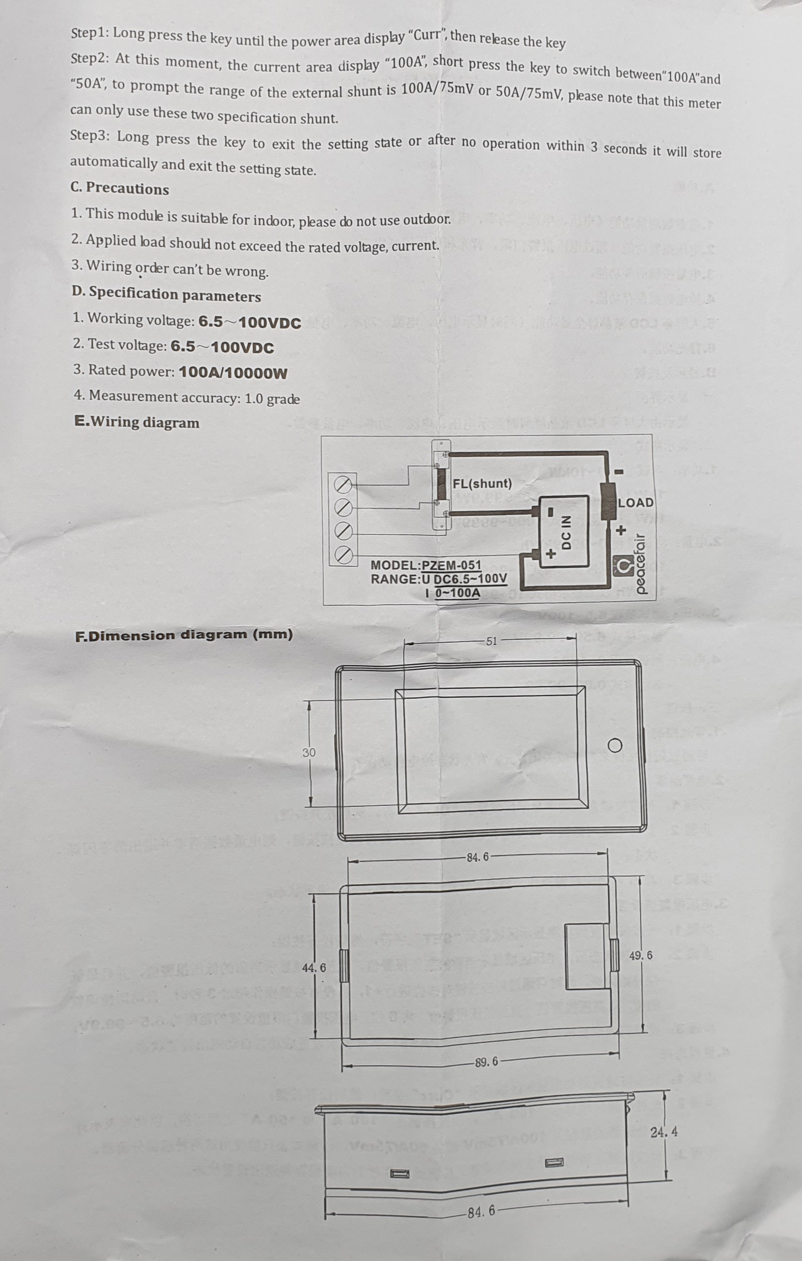 PZEM-051 DC V-A Panel Meter รุ่น PZEM-051-DC-100A (0-100A, 6.5-100V)