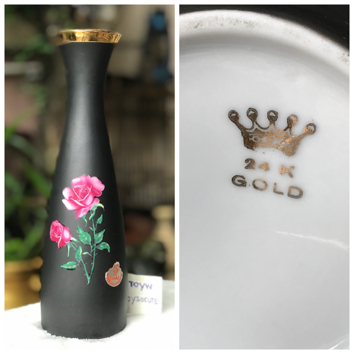 เยอรมัน แจกันบาวาเรียสีดำลายดอกกุหลาบ ขอบทอง 24K Vase Black Matte Rosebud Bavaria 24K Gold Trimmed/Gold Crown Stamped