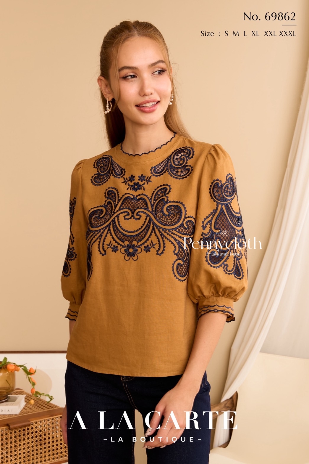 69862 เสื้อ A La Carte ลินินผสมคอตตอน งานปักฉลุ มีซับ เนื้อดีใส่สบาย by PENNY CLOTH