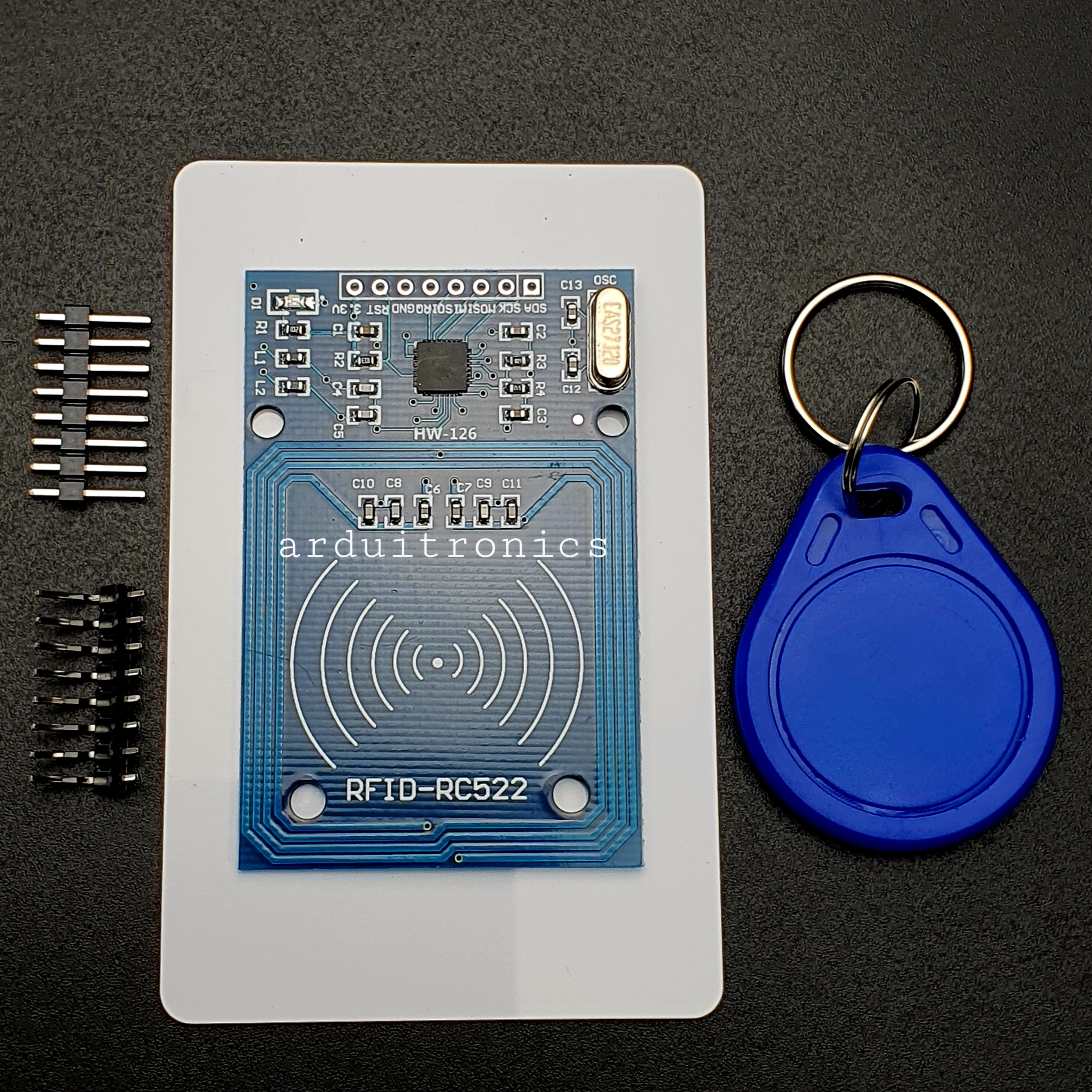 โมดูลอ่านบัตร RFID Card Reader/Detector Module Kit (RC522) พร้อม Tag Card และ Tag พวงกุญแจ PCB สีน้ำเงิน
