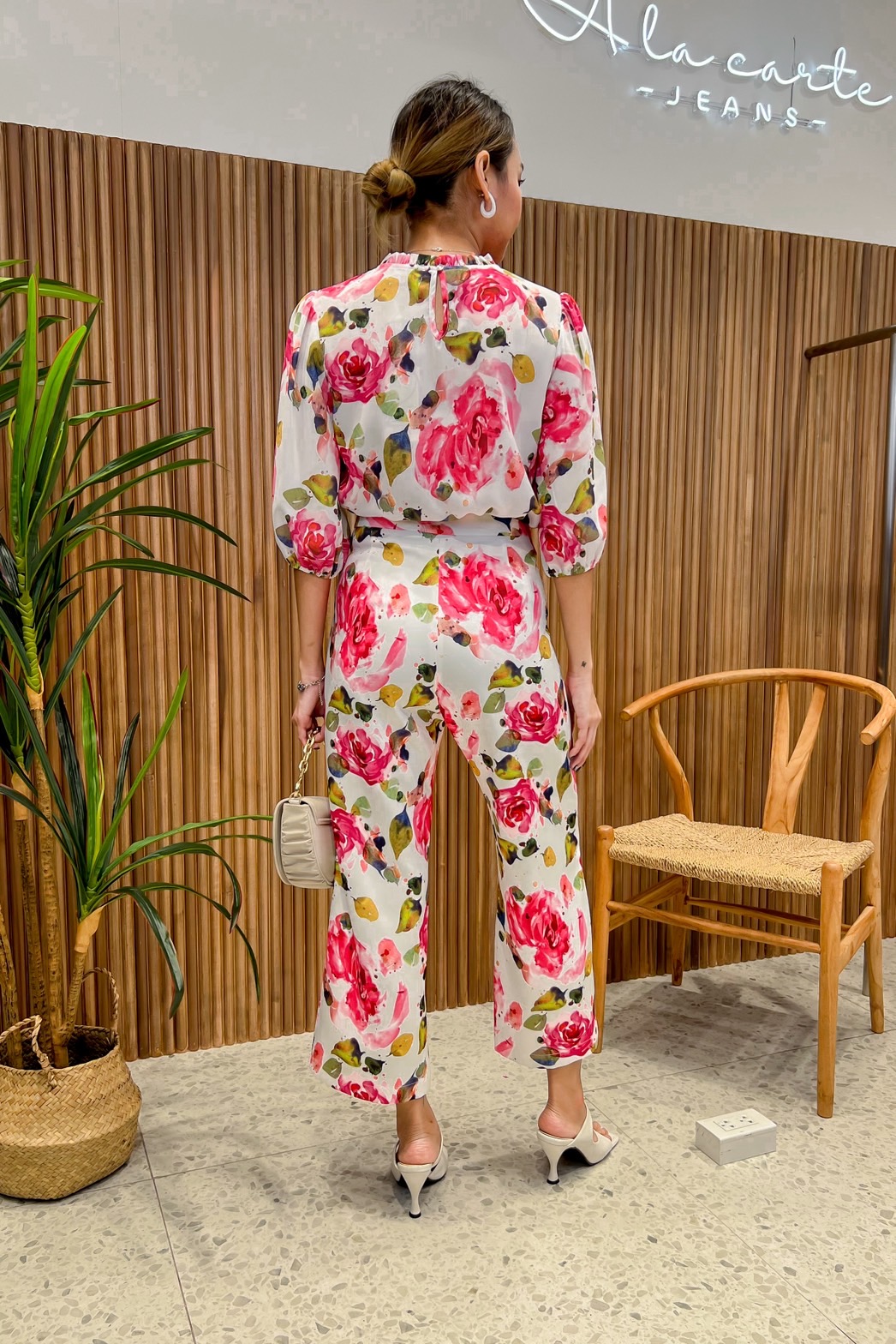 JS0059B 👛🌹A la carte🛍ชุดเซทเสื้อจอร์เจีย กางเกงพิมพ์ลาย ใส่สบาย แขน 3 ส่วน กางเกง5 ส่วนทรงกระบอก 🍀สีม่วง XL