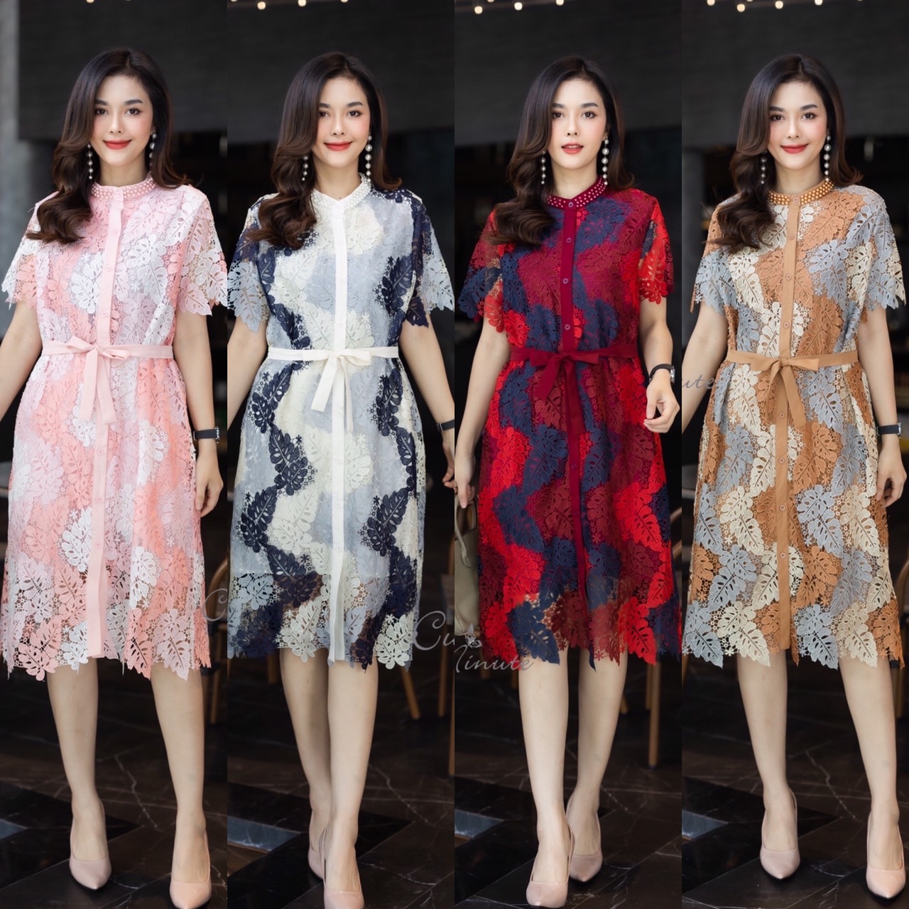 P8803💐 Maxi dress ผ้าลูกไม้เนื้อเงา ลายลูกไม้ Tone ตอกมุกรอบคอ มาพร้อมเชือกผูกเอว มีซับใน อก 44-46" ความยาว 43" มี 4 สี ชมพูขาว กรมเทา เลือดหมูกรม น้ำตาลทอง