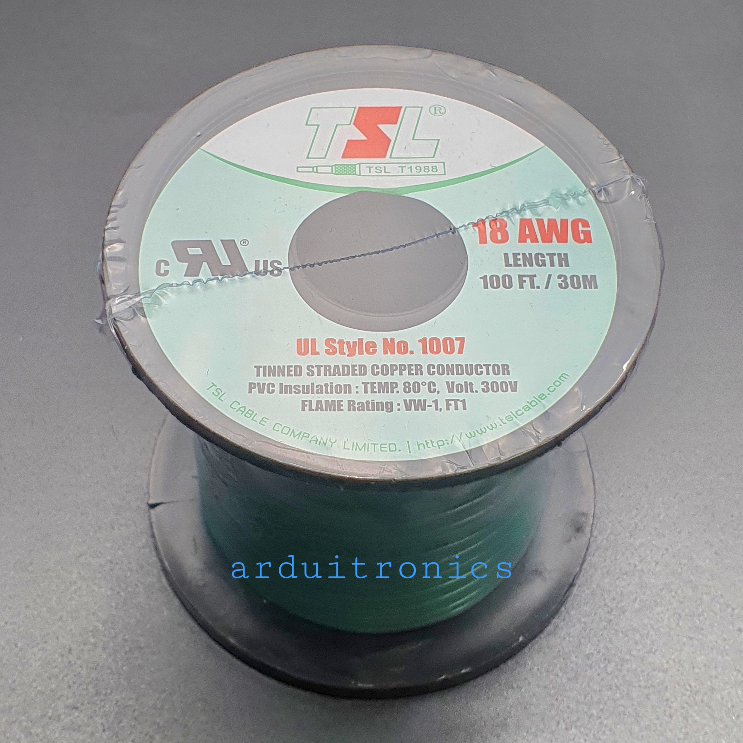 สายไฟอ่อนเส้นเดี่ยว 18AWG UL1007 ความยาว 100 ฟุต (30 เมตร) สีเขียว