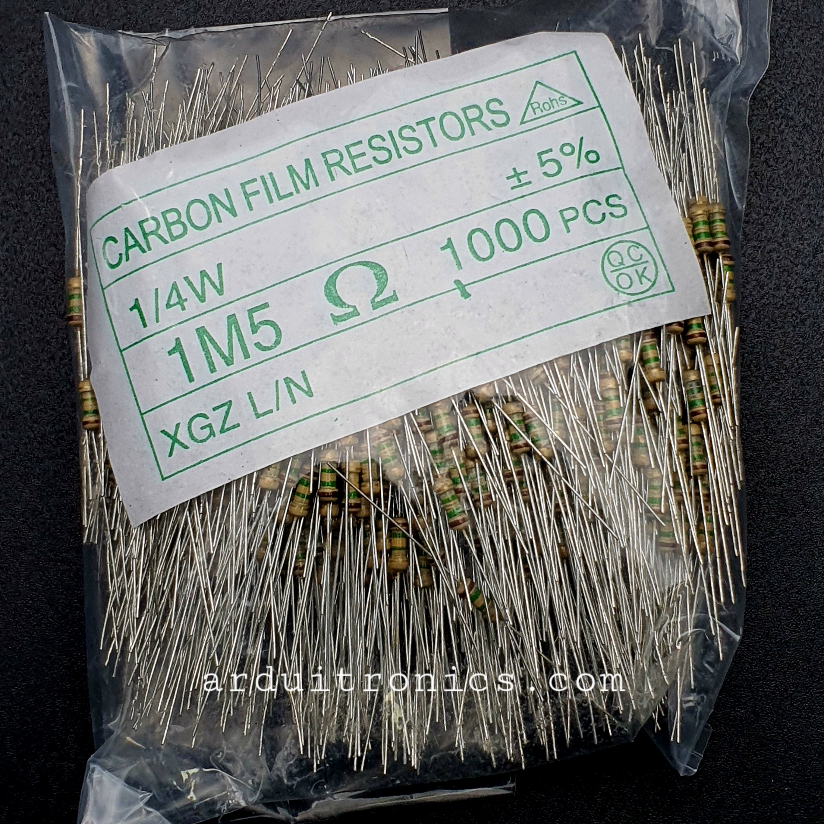 Resistor 1.5M Ohm (1/4 W +-5%) แพ็คละ 1000 ตัว