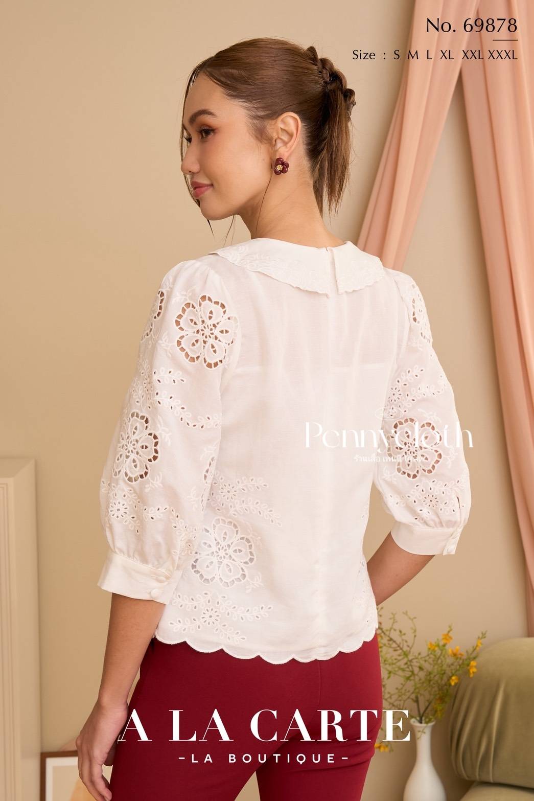 A La Carte รหัส 69878 เสื้อลินินซิลด์ คอปก งานปักฉลุ มีซิปหลัง