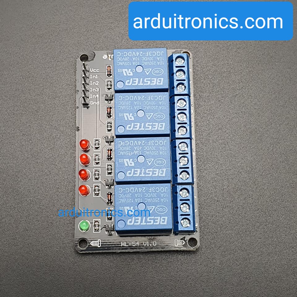 24V 4 Channel Relay Low-Level Trigger Relay Module (with LED - PCB สีดำ มีช่องสกรูให้ยึด)
