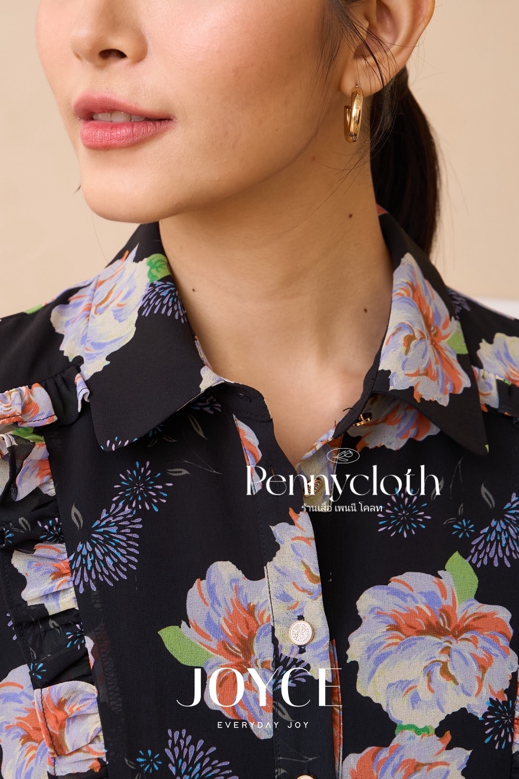 7015 เสื้อเชิ้ต Joyce ชีฟองพิมพ์ลาย แต่งระบาย มีกระดุมหน้า ซับใน แขนยาว by PENNY CLOTH
