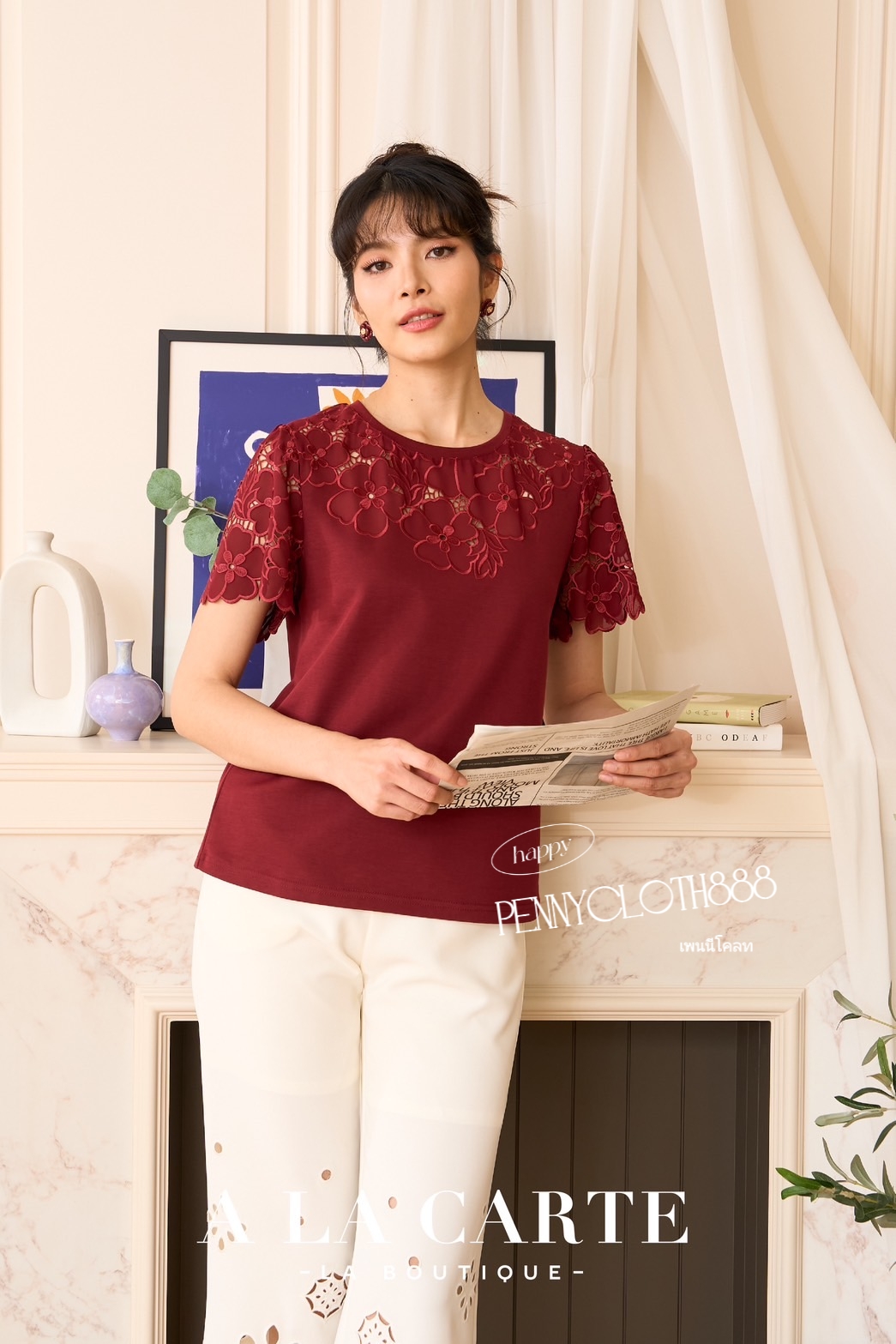 69789 เสื้อยืด A La Carte งานปักเซาะผ้าชีฟอง คอกลม แขนสั้น เนื้อผ้านุ่มใส่สบาย by PENNY CLOTH 888