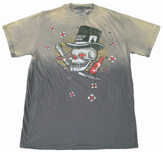 เสื้อยืดแขนสั้น ผ้าฟอกนิ่ม สีสไลด์ครีมเทา Shiroi Neko ลายกระโหลก ยาพิษ sz L