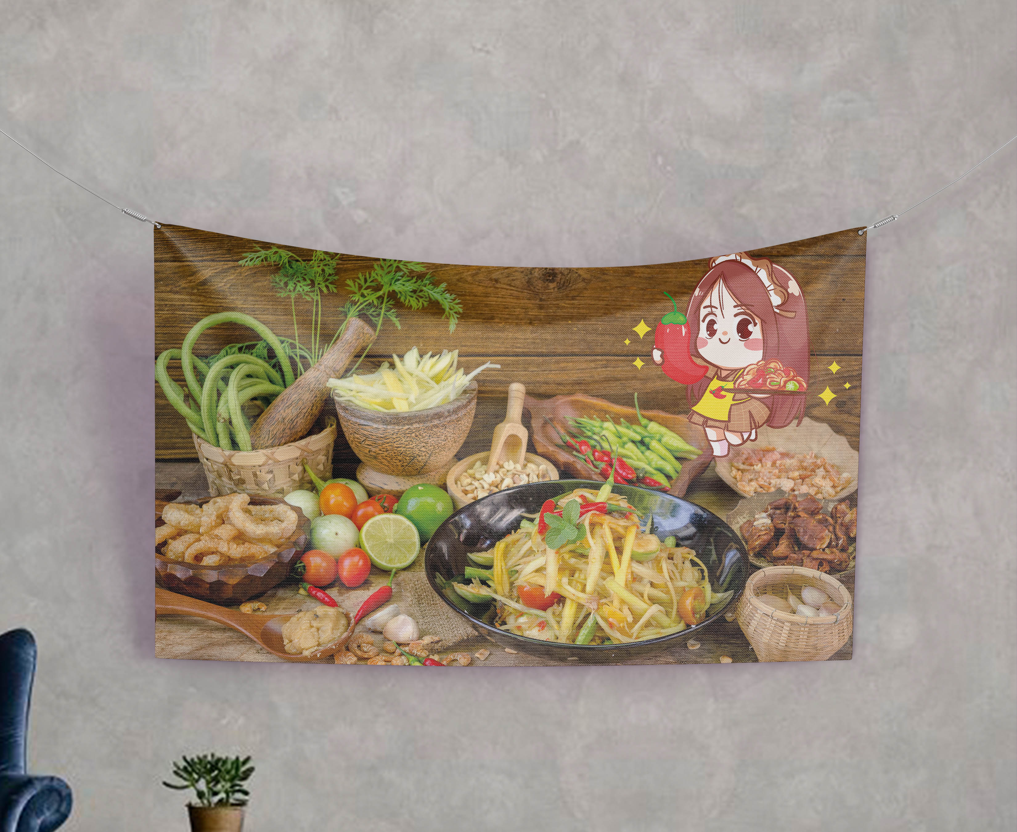 ป้ายผ้า ส้มตำ (มีของแถม) ผ้าพิมพ์ลาย ทนแดด ทนฝน แบรนด์ไทย รับประกัน