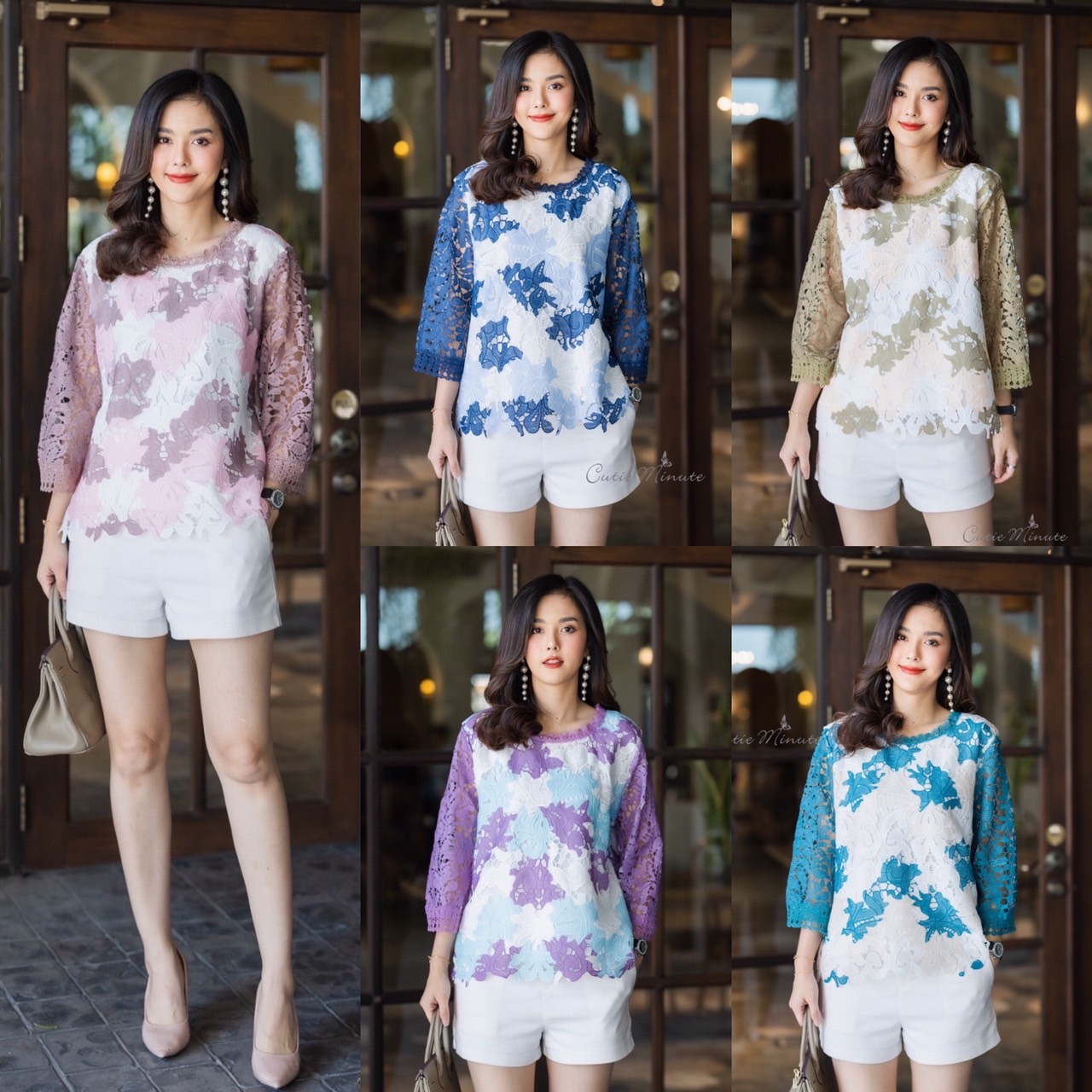 P8840 เสื้อลูกไม้พิมพ์ลายลูกไม้ 3 tone แต่งสลับที่แขนด้วยลูกไม้สีพื้นหรู เสื้อมีซับใน อก 44-46 นิ้ว มี 5 สี ชมพูกลีบบัว น้ำตาลทอง ม่วงเผือก เขียวทะเล