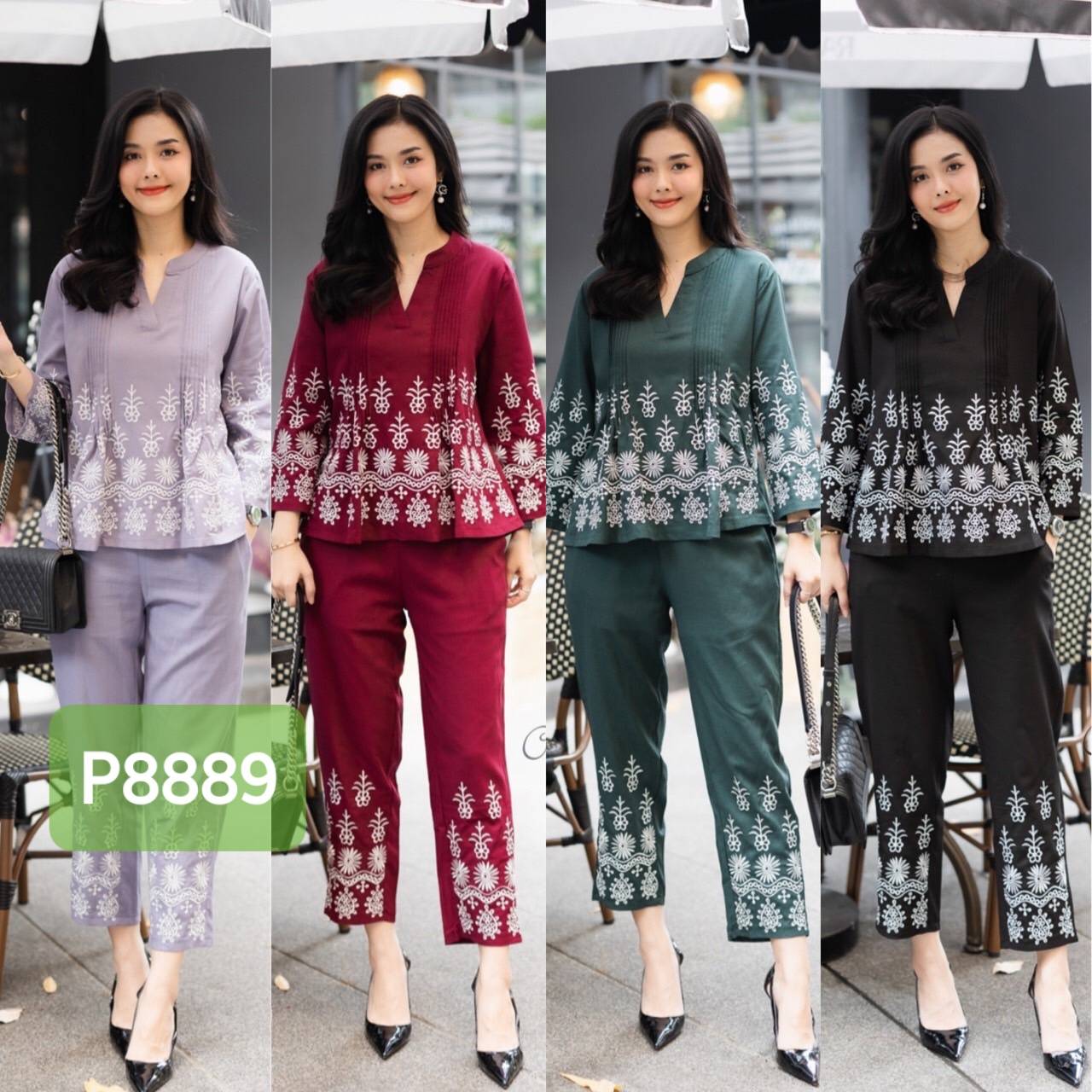 P8889🍁🌹🦋ชุดเซ็ทผ้าลินินฝ้าย ตีเกล็ดช่วงหน้าอก งานปักลาย กางเกงมีกระเป๋างานปัก เสื้อ อก 44" กางเกง เอว 30-36" สะโพก 46" มี 4 สี เทา เเดงไวน์ เขียวเข้ม ดำ