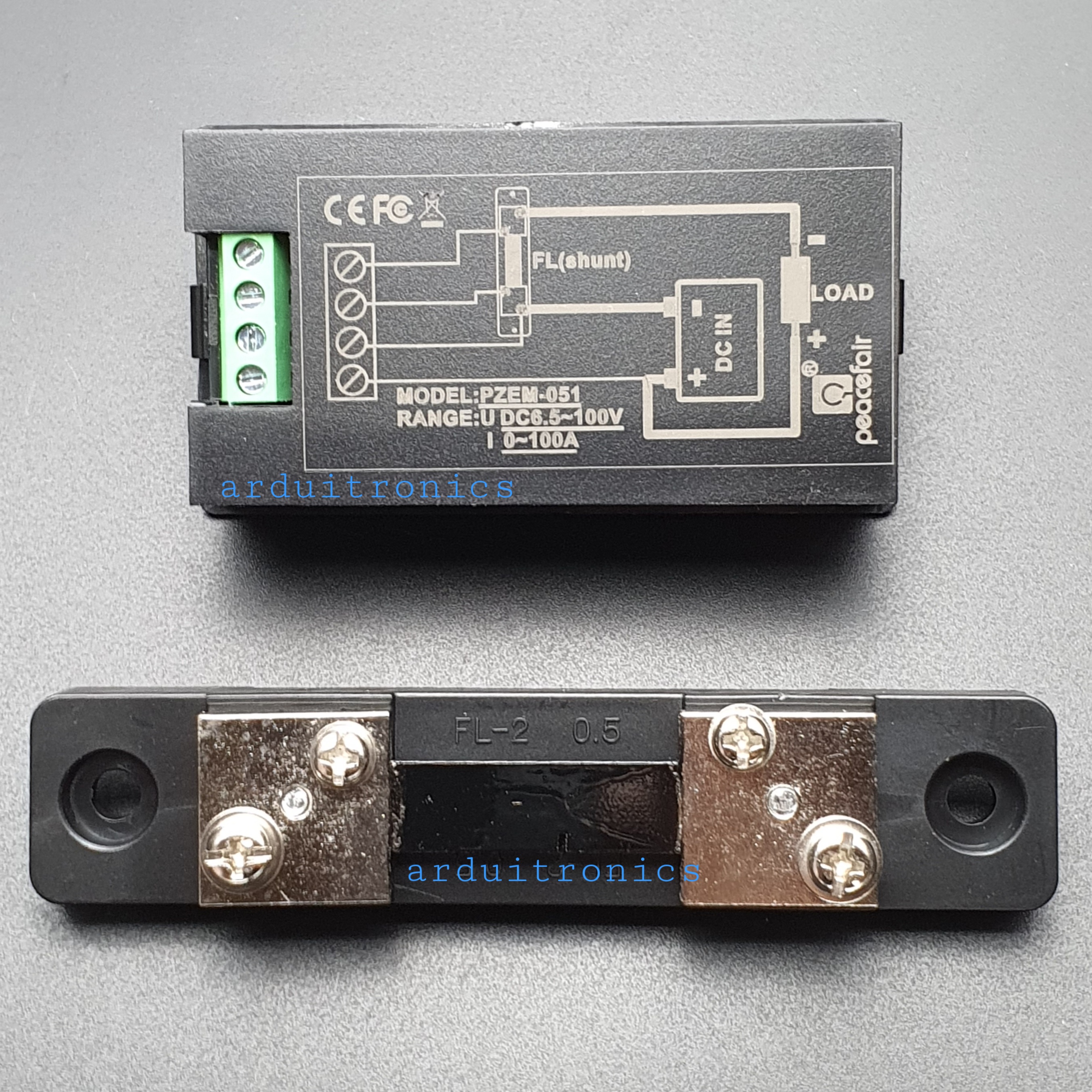 PZEM-051 DC V-A Panel Meter รุ่น PZEM-051-DC-100A (0-100A, 6.5-100V) + 50A External Shunt