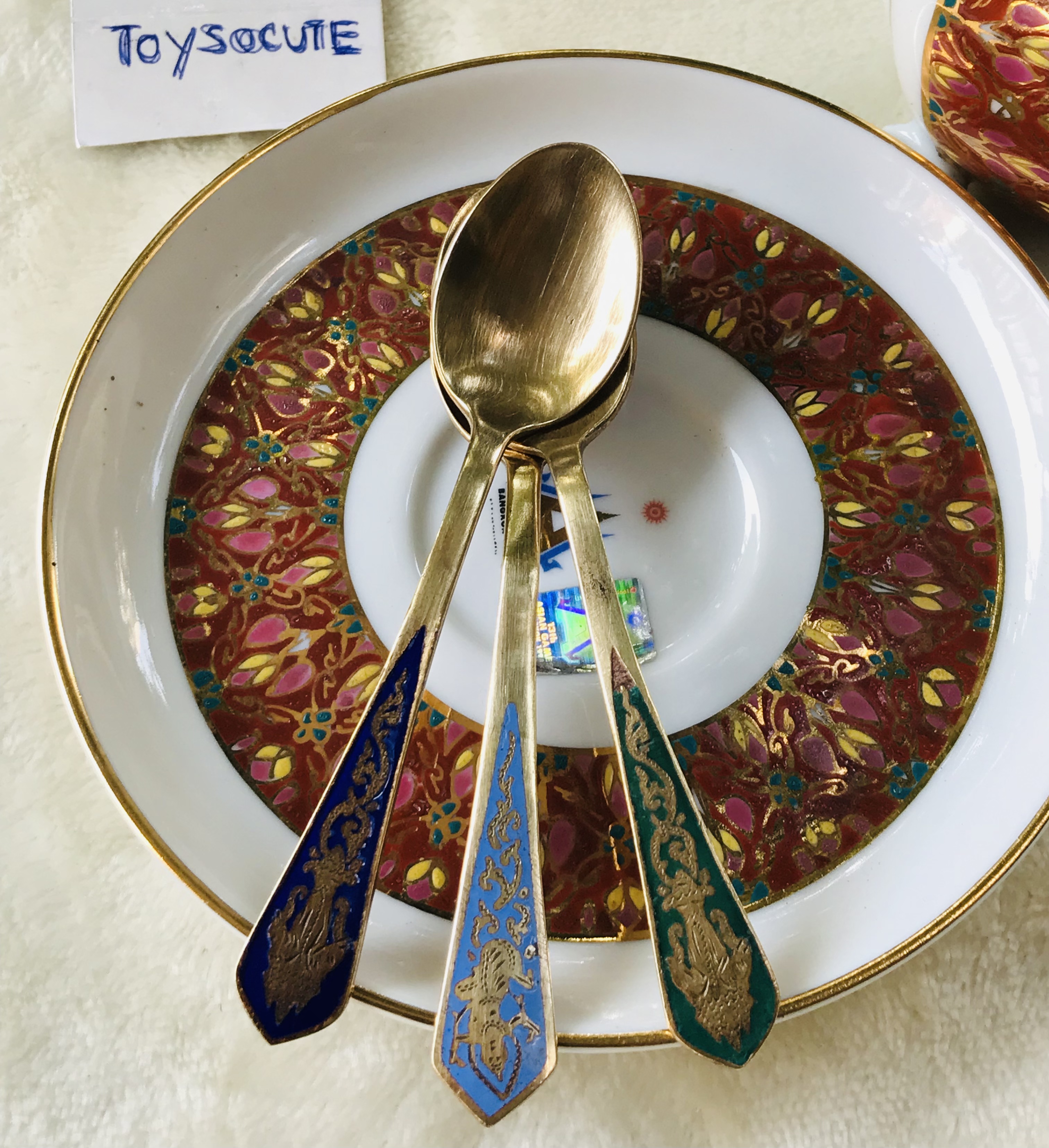 เริ่มต้นชุดละ 390 บาท Antique Brass ช้อนกาแฟทองเหลืองลงยา ช้อนขนมหวานทองเหลืองตอกลาย ขนาดยาว 10-11 ซม