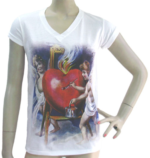 เสื้อยืดแขนสั้น สีขาว ลายวินเทจ คิวปิด เพ้นท์หัวใจ