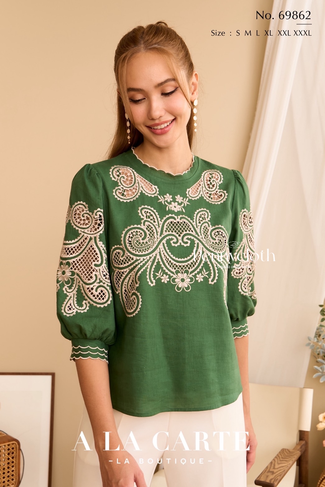 69862 เสื้อ A La Carte ลินินผสมคอตตอน งานปักฉลุ มีซับ เนื้อดีใส่สบาย by PENNY CLOTH