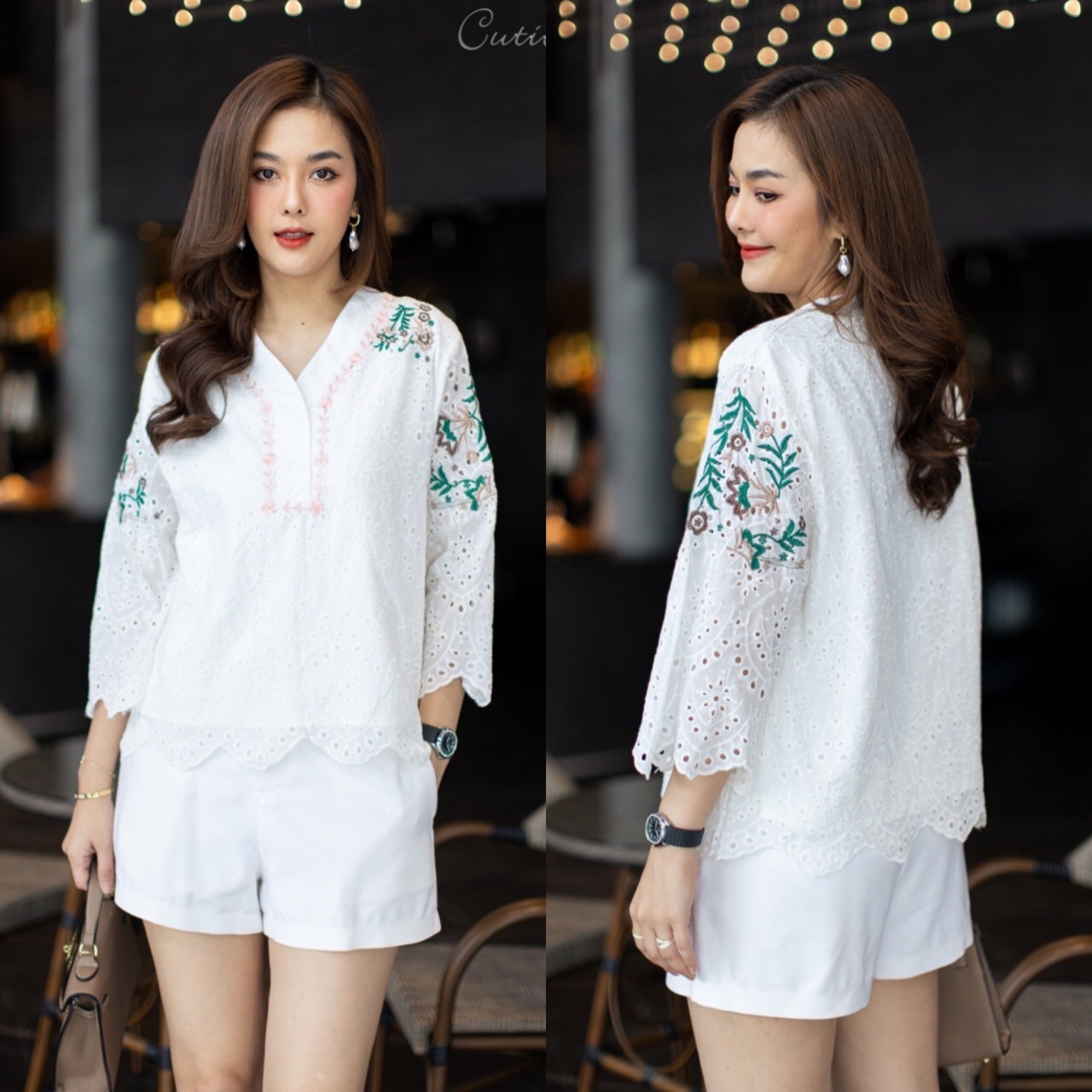 P261 เสื้อฝ้ายญี่ปุ่นปักฉลุ ปักดอกไม้ คอวี แขน 3 ส่วน มีซับใน ขนาดอก 42-43" ยาว 24"