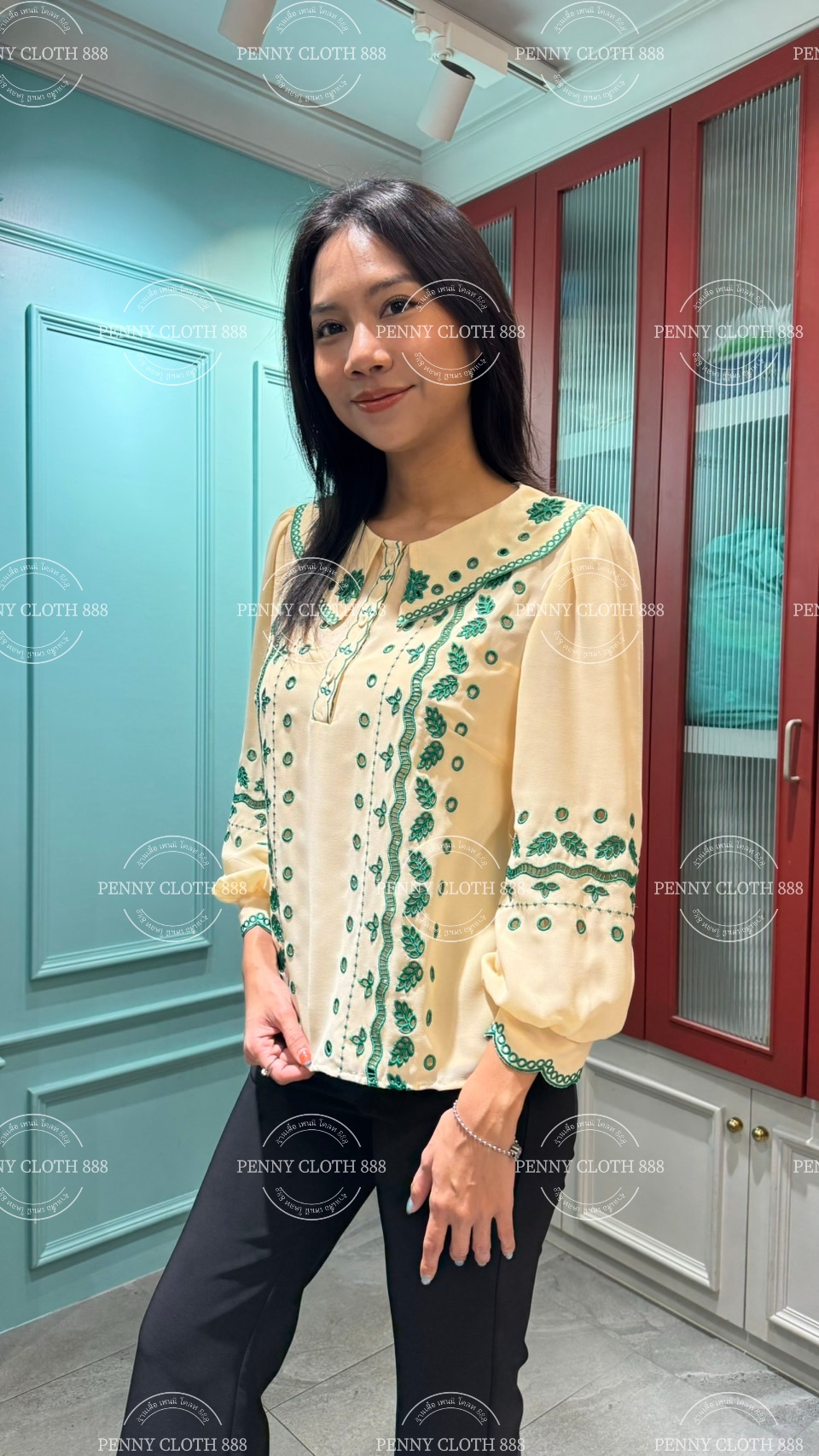 69689 เสื้อ A La Carte ชีฟองคอปก งานปักฉลุขึ้นใหม่ มีกระดุมหน้า 3 เม็ด มีซับใน by PENNY CLOTH 888