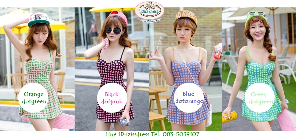 **พรีออเดอร์**ชุดว่ายน้ำบิกินี่วันพีชสีน้ำเงินลายจุดสีส้ม กระโปรงบานออกช่วงเอว ซ่อนกางเกงไว้ด้านใน ไม่โป๊ค่ะ สวยน่ารักเหมือนแบบค่ะ