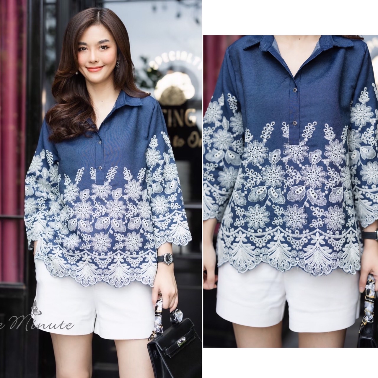 P0584 เสื้อยีนส์ เนื้อผ้าหนาปานกลาง งานปักนูนทั้งด้านหน้าเเละด้านหลัง ลายดอกไม้ลายเส้นสไตส์ญี่ปุ่น งานปักสวย อก ฟรีไซส์ 44" เสื้อยาว 26" มี 2 สี ยีนส์เข้ม ยีนส์กลาง