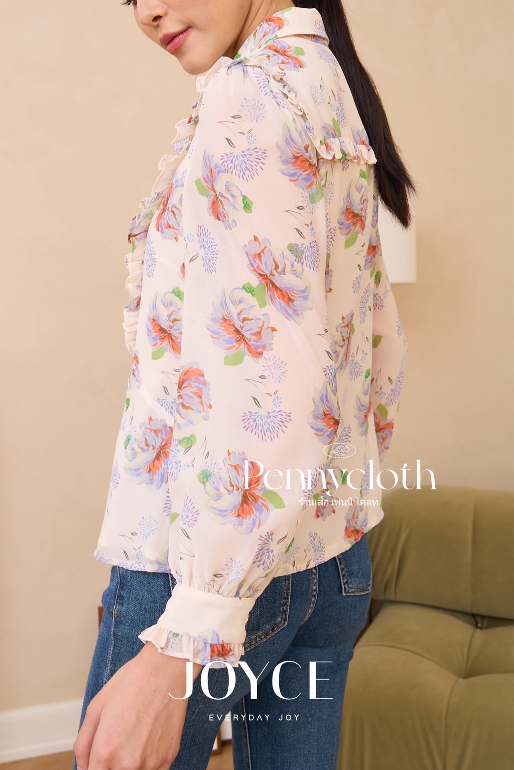 7015 เสื้อเชิ้ต Joyce ชีฟองพิมพ์ลาย แต่งระบาย มีกระดุมหน้า ซับใน แขนยาว by PENNY CLOTH
