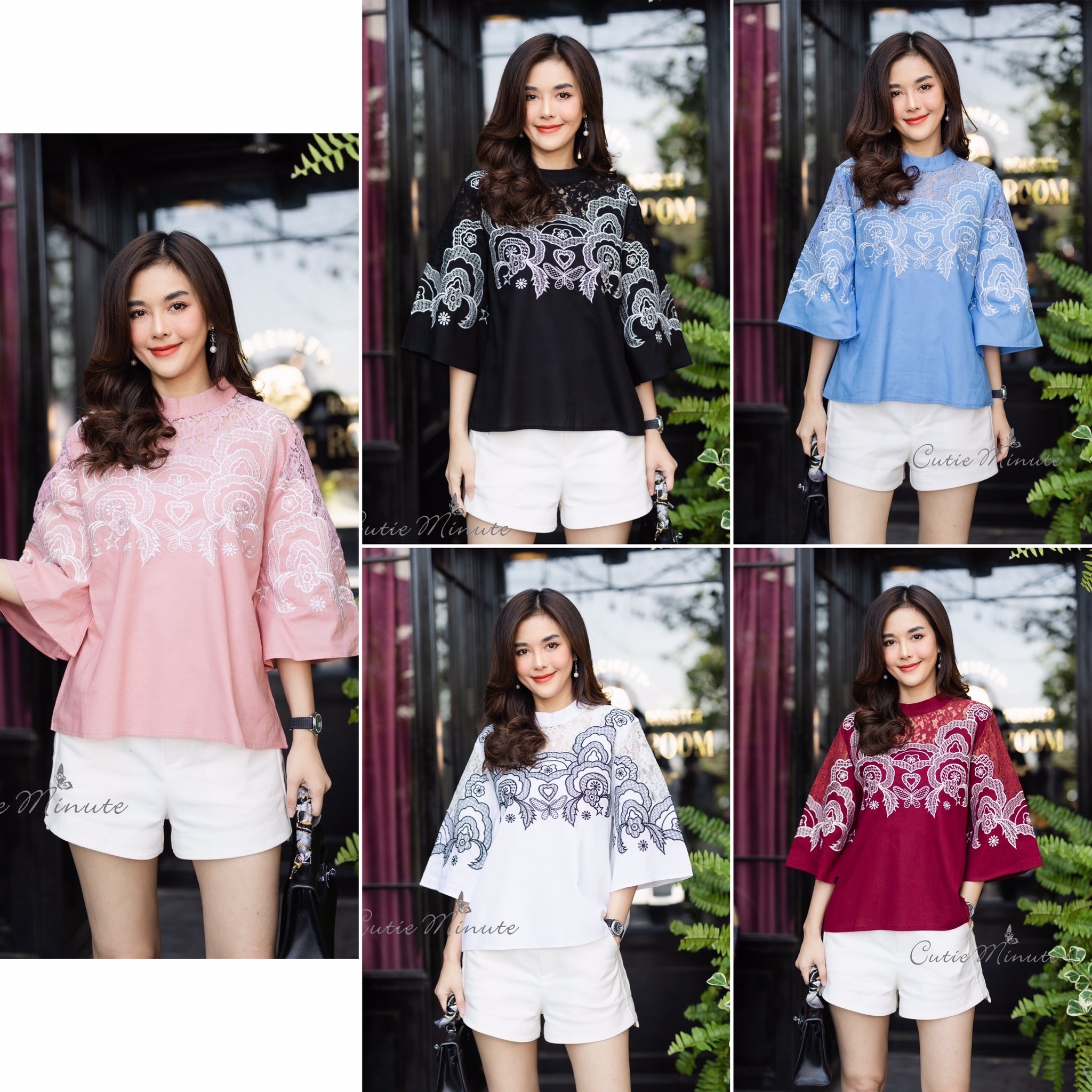 P0309 เสื้อลินิน เนื้อผ้าขึ้นลาย งานแต่งด้วยผ้าลูกไม้สวยงาม งานปักสวยงามอลังการมากค่ะ ใส่แล้วสวย ขนาดฟรีไซซ์ อก 44 นิ้ว สีฟ้า ชมพู ขาว ดำ