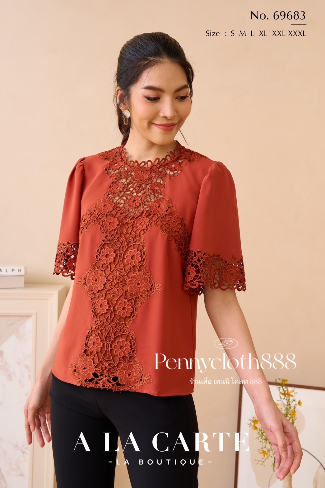69683 เสื้อ A La Carte เครปเนื้อนุ่ม คอกลม แขนสั้นทรงแฟร์ งานปักฉลุเซาะทอลูกไม้ มีซับใน by PENNY CLOTH 888