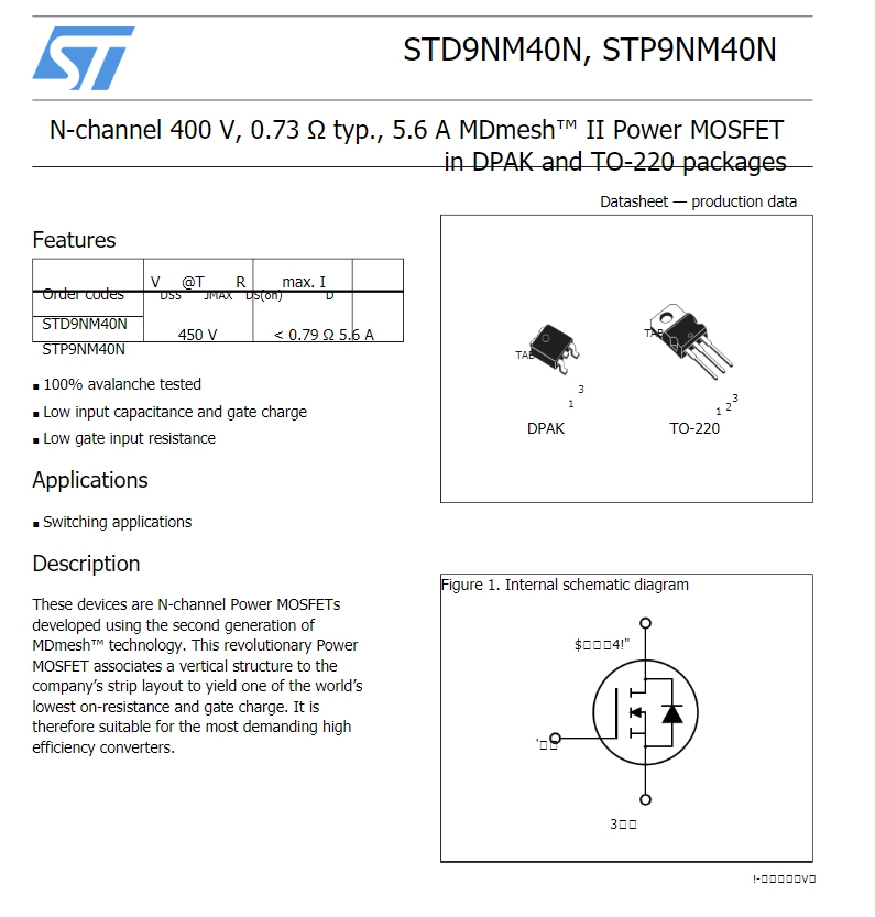ST: D9NM40N N-channel 400 V, 0.73 Ω typ., 5.6 A