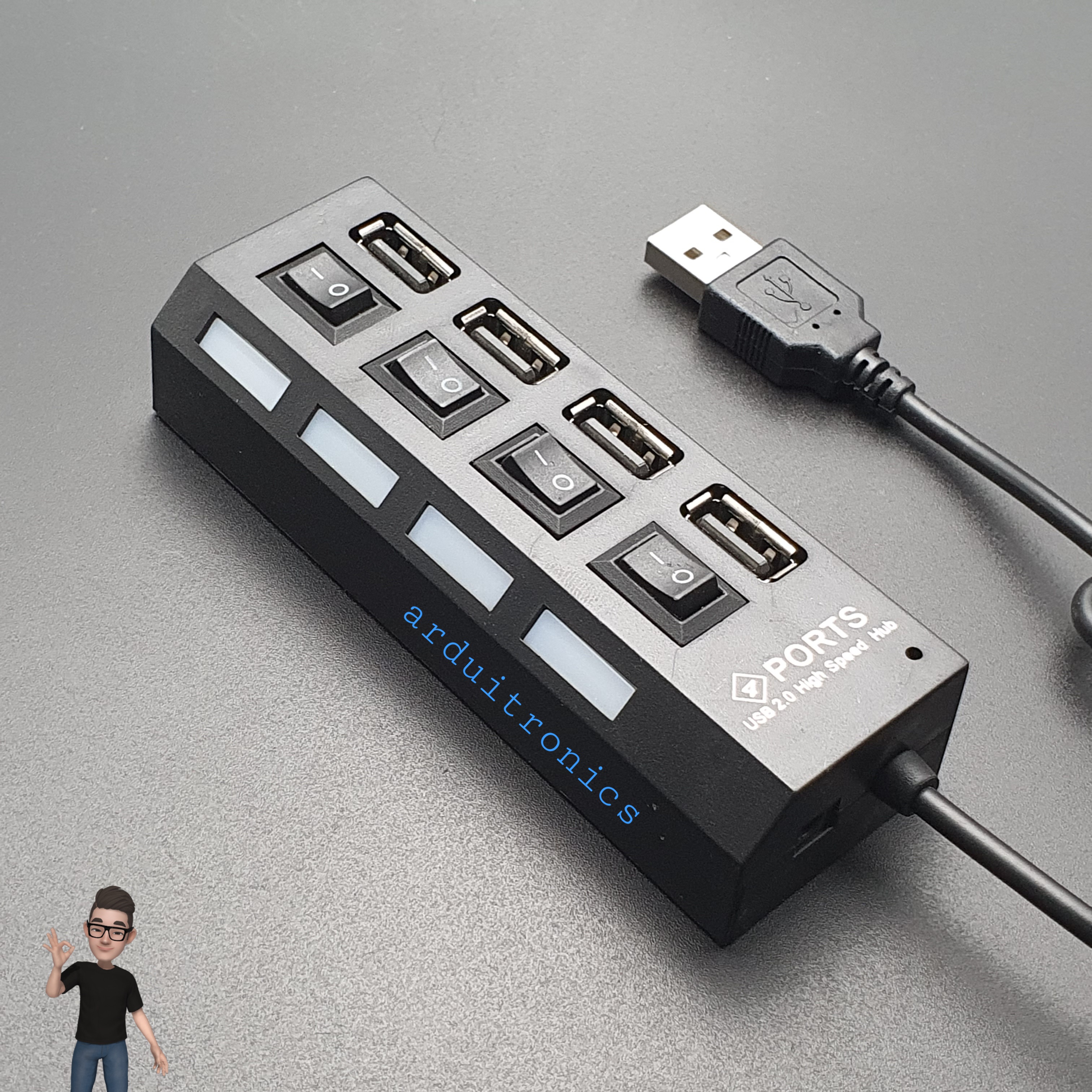 4 Ports USB Hub High-speed USB2.0 Individual LED Power Switches ( Black )