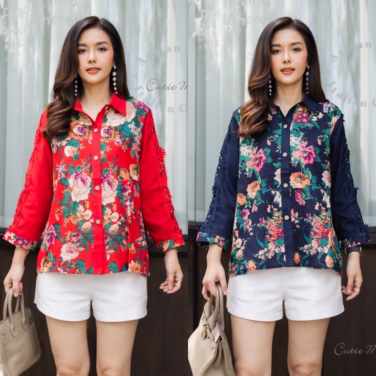 P8863 เสื้อเชิ้ตลินินฝ้ายเกาหลี เนื้อผ้าหนากำลังดี ลายพิมพ์ดอกไม้สวยคมชัด ตัดต่อแถบด้วยผ้าลูกไม้ที่แขน อก 44 ยาว 25 นิ้ว มี 2 สี เเดง กรม