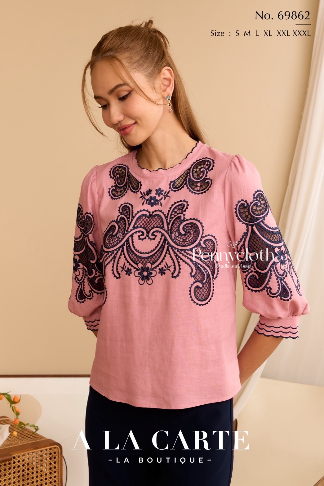 69862 เสื้อ A La Carte ลินินผสมคอตตอน งานปักฉลุ มีซับ เนื้อดีใส่สบาย by PENNY CLOTH