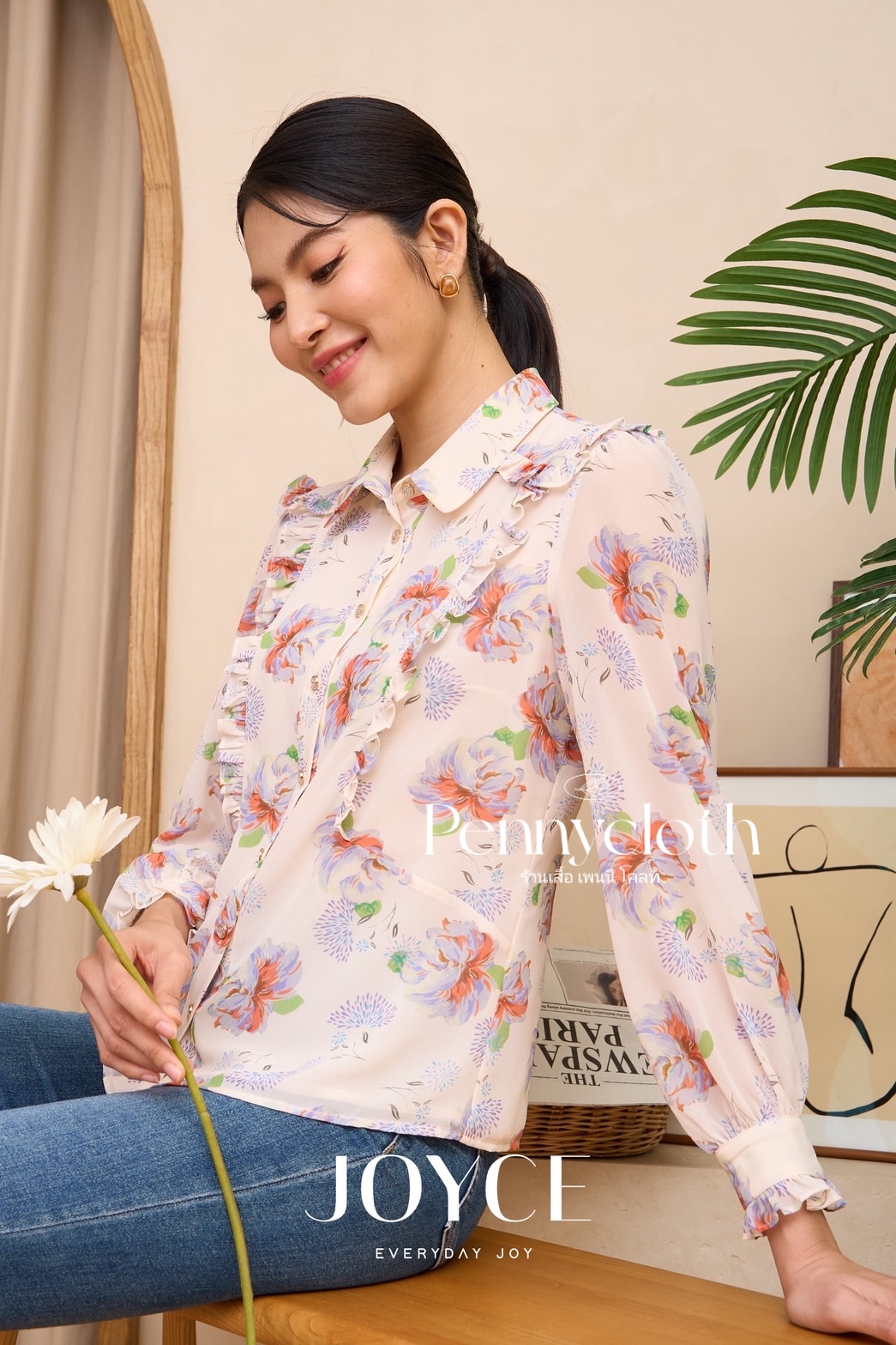 7015 เสื้อเชิ้ต Joyce ชีฟองพิมพ์ลาย แต่งระบาย มีกระดุมหน้า ซับใน แขนยาว by PENNY CLOTH