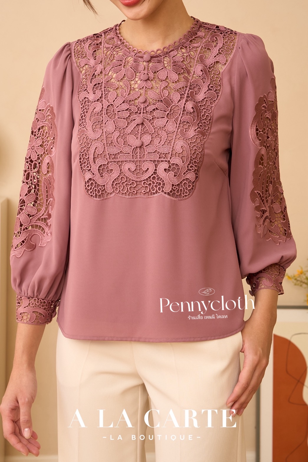 69897 เสื้อ A La Carte เสื้อชีฟองแต่งลูกไม้เนื้อทอ ช่วงอก และแขน by PENNY CLOTH