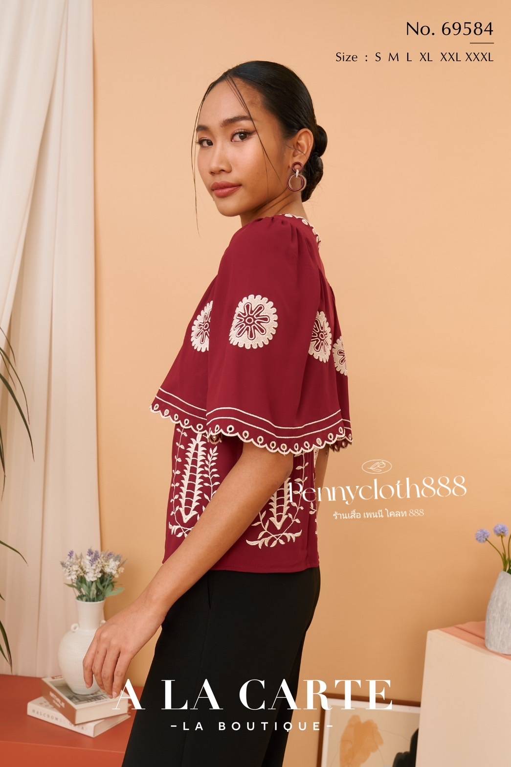 69584 เสื้อ Alacarte จอร์เจียแขนสั้น งานปัก มีซับใน สีกรม สีแดง สีน้ำตาล
