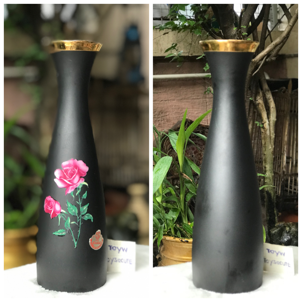 เยอรมัน แจกันบาวาเรียสีดำลายดอกกุหลาบ ขอบทอง 24K Vase Black Matte Rosebud Bavaria 24K Gold Trimmed/Gold Crown Stamped