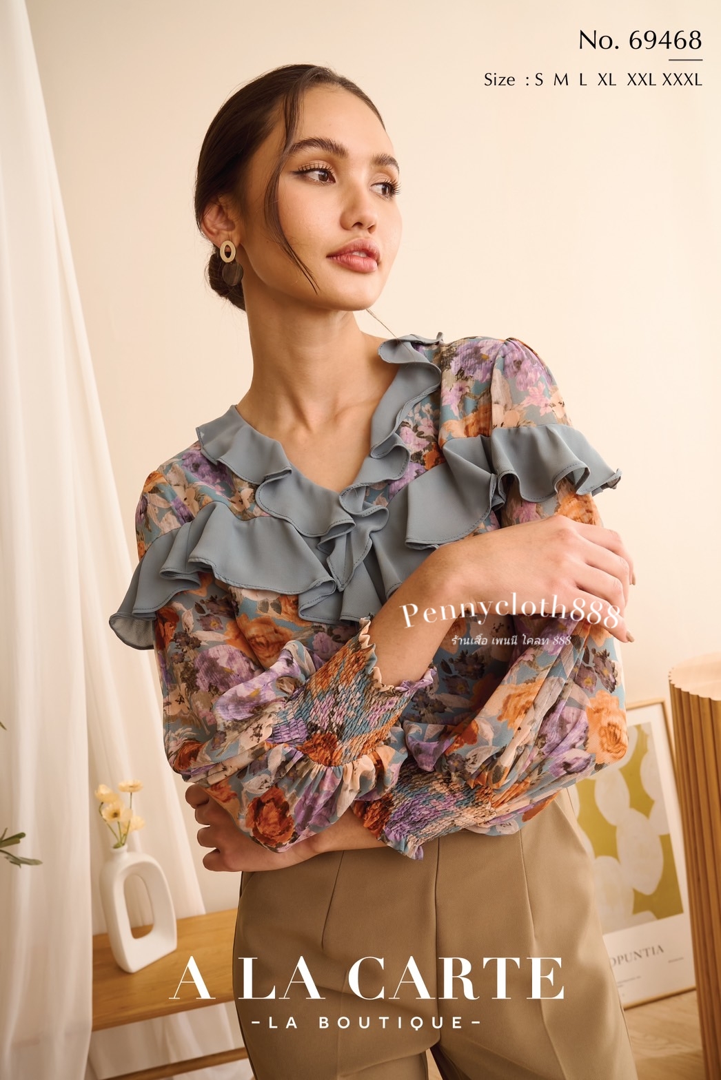 69468 เสื้อ A la carte ชีฟองพิมพ์ลายดอก คอวี แต่งระบาย แขนสม็อค สีฟ้าอมเขียว น้ำตาล ดำ
