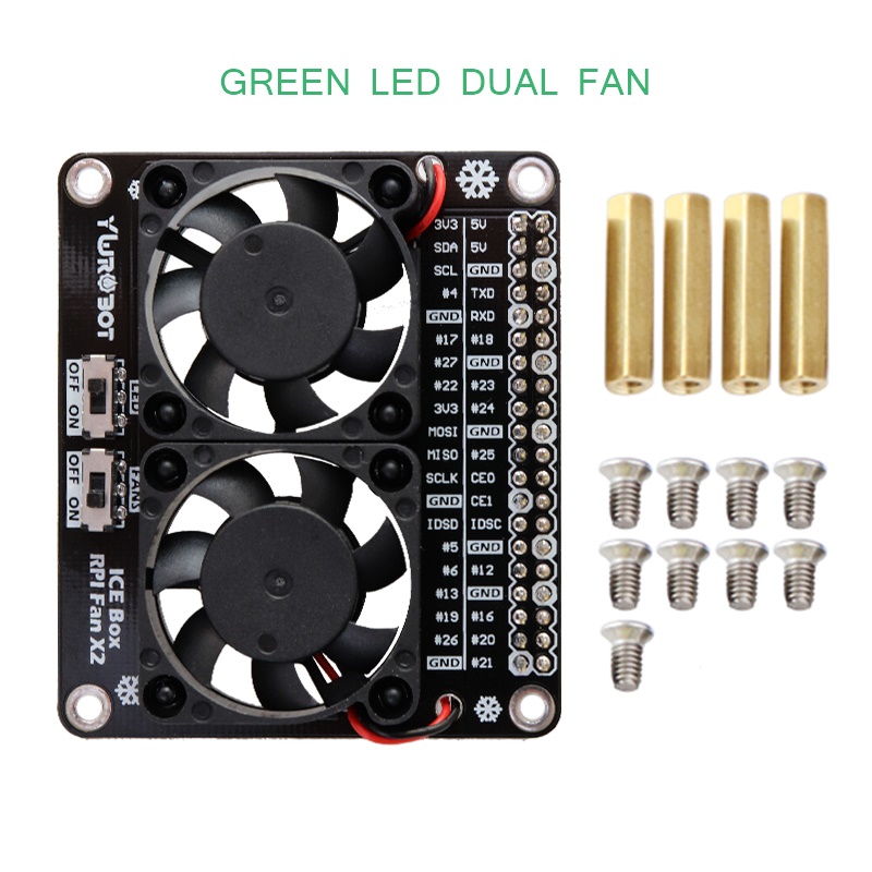 Raspberry Pi 4B/3B+ Heat Sink Dual Fan with GPIO + on-board LED (Green)