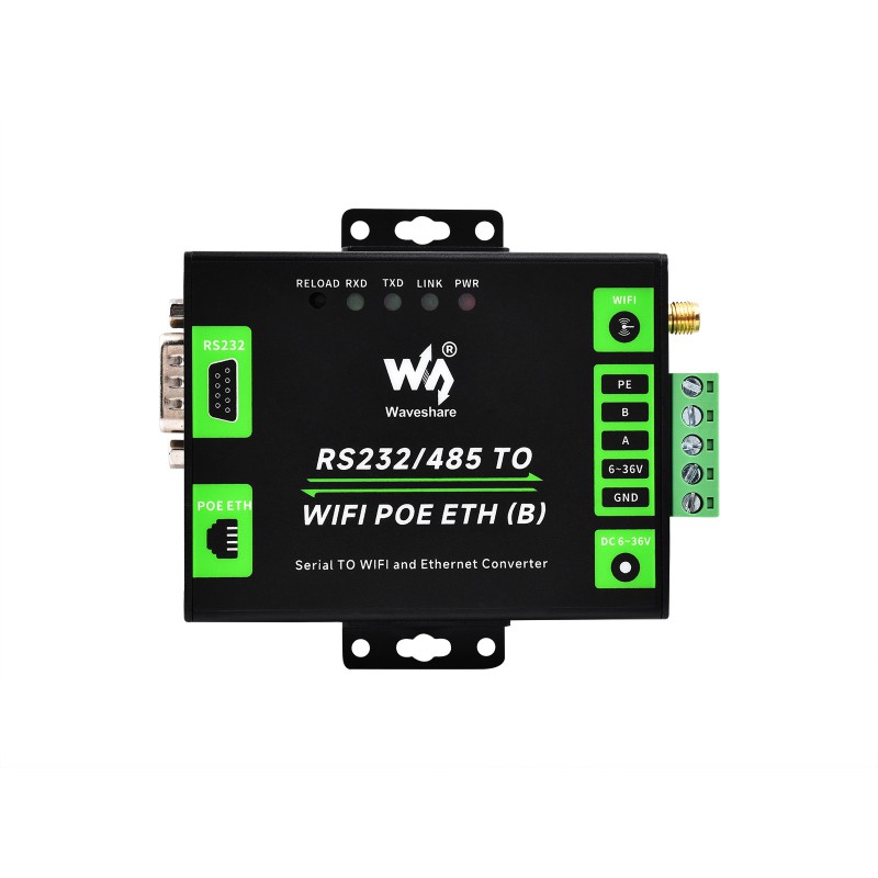 Industrial Grade Serial Server RS232/485 To WiFi and Ethernet, Modbus Gateway, MQTT Gateway, Metal Case รองรับ PoE (ของแท้จาก Waveshare) มาพร้อมเสาอากาศแบบแข็ง