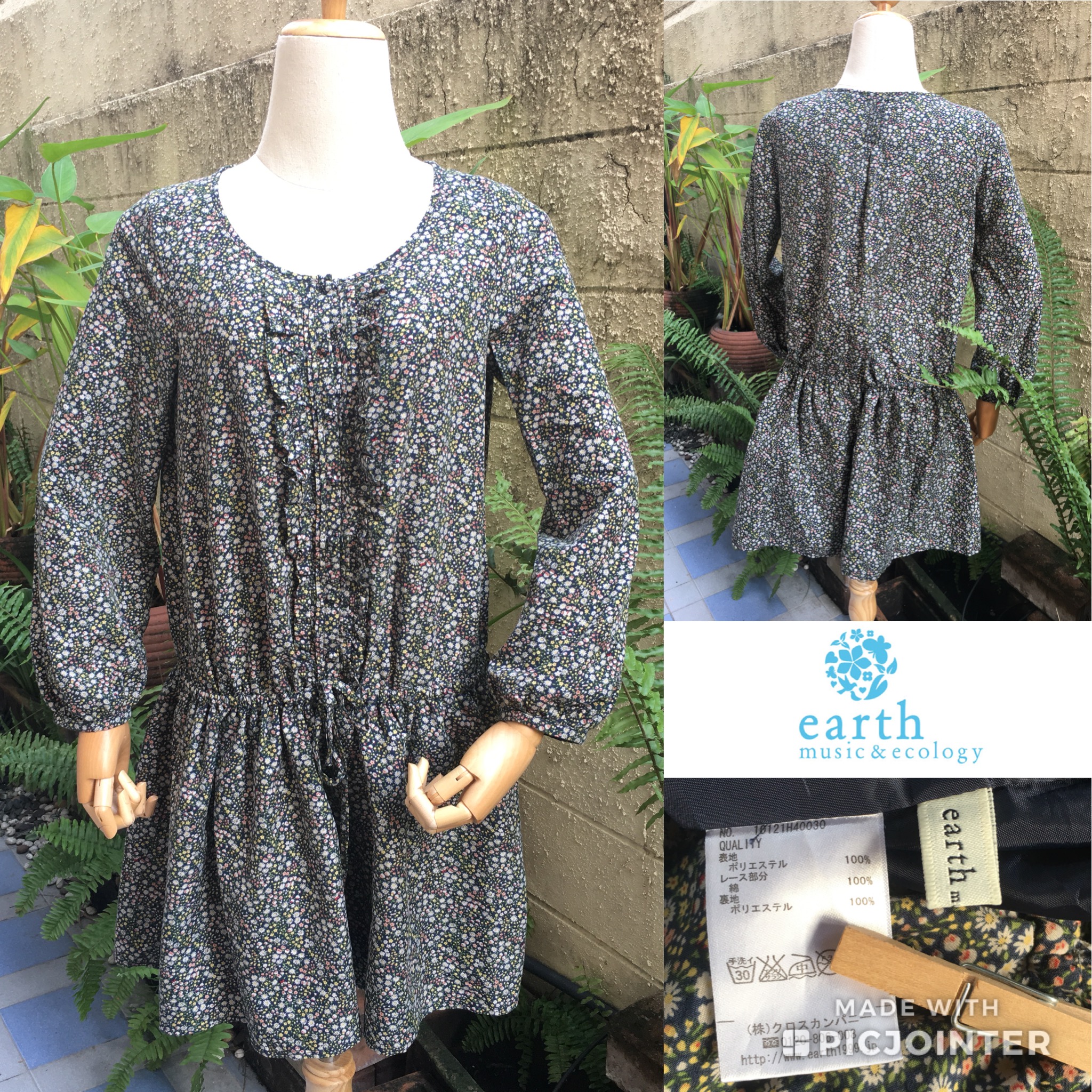 2sis1bro แบรนด์ earth music & ecology เดรสผ้าฝ้ายลายดอกไม้ แขนห้าส่วน เอวผูก มือสอง พร้อมส่ง