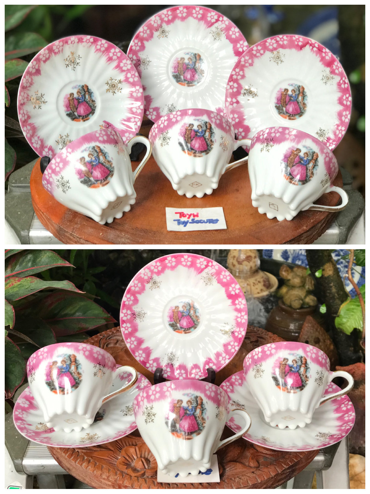 3 ชุดชุดถ้วยกาแฟพร้อมจานรองลายหนุ่มสาว จานรองมีสะกิดขอบนิดๆ 1 ใบ La Reine Limoges with Fragonard Couple Scene