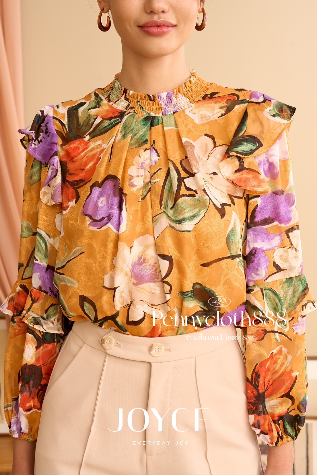 J079 เสื้อ Joyce ชีฟองพิมพ์ลายใหม่ คอกลมเย็บสม็อกมีกระดุมหลัง มีระบายหัวไหล่ มีซับใน แขน 4 ส่วนปลายสม็อก