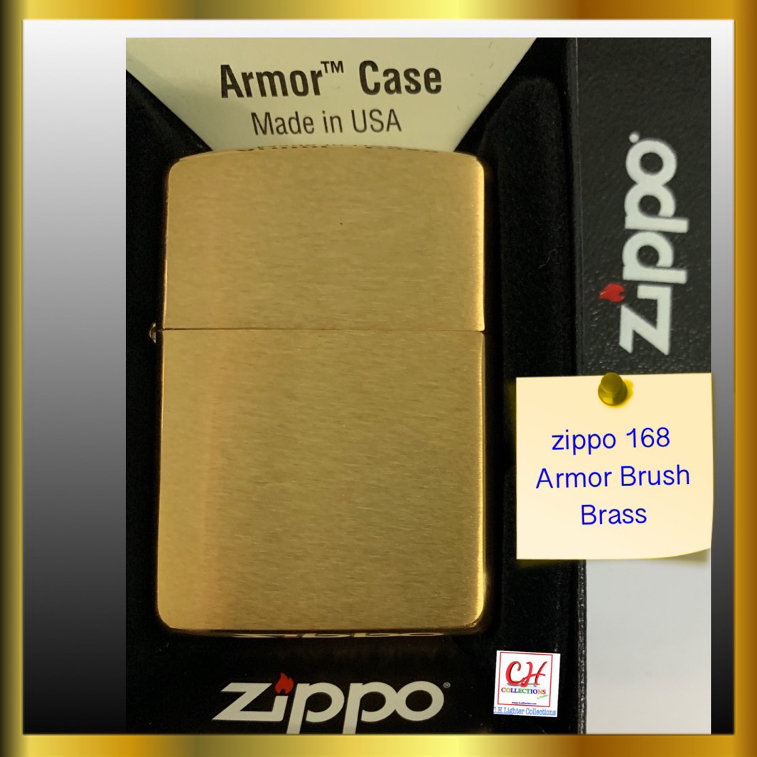 zippo ไฟแช็คzippo 168 Armor Brush Brass ทองเหลืองก้นเต็มตัวหนา มีโล่ห์ Aที่ก้นด้านขวามือ ของแท้จากอเมริกาบรรจุในกล่องพร้อมใบรับประกัน ทอง