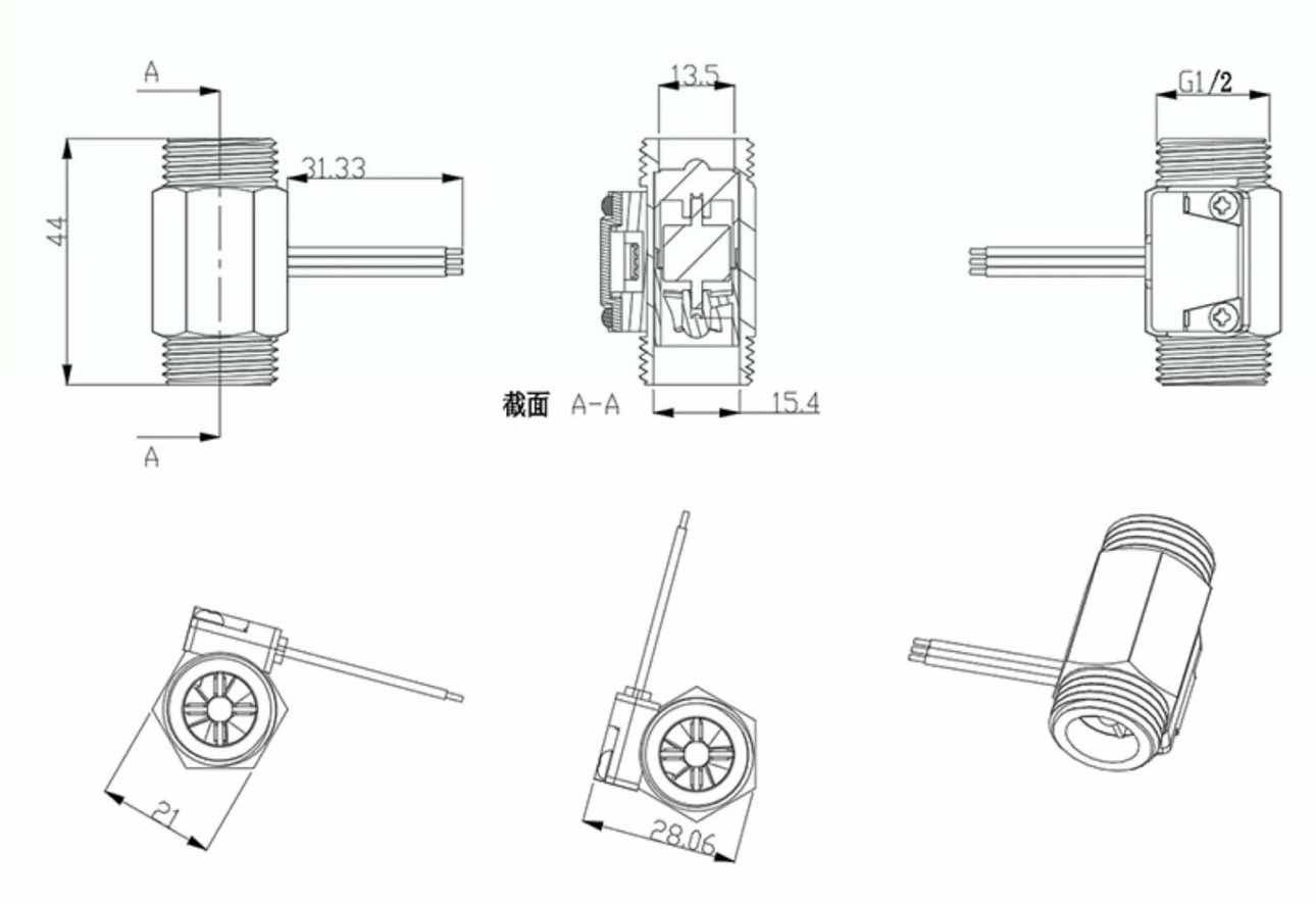 B1 เซ็นเซอร์วัดอัตราการไหลของน้ำ ทองแหลือง 1/2นิ้ว 4หุน Water Flow sensor 1-25L/min Size 44 mm