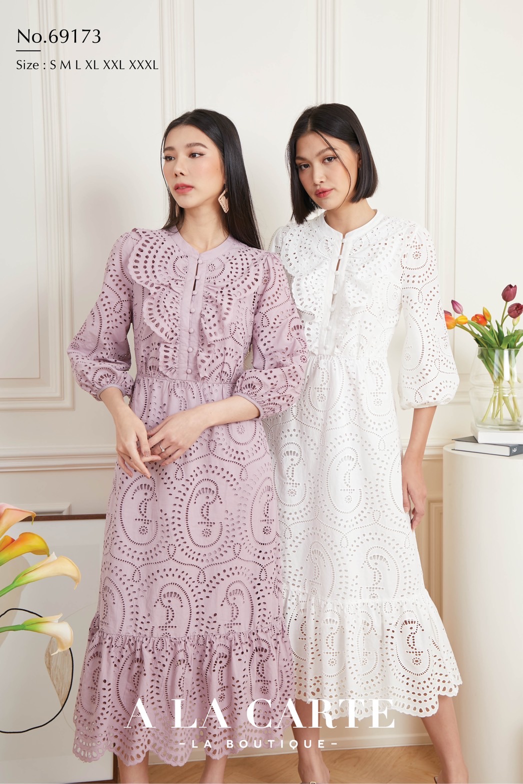 69173👗A La Carte🦋ชุดเดรสยาว เนื้อผ้าคอตตอนงานปักฉลุ คอกลมแต่งกระดุมหุ้ม ปลดจริงได้ มีระบาย มีซิปข้าง แขน 4 ส่วน ปลายแขนผ้ายางยืด ชายกระโปรงระบาย สวยหรู🦚สีขาว 3XL น้ำตาล S ,2XL,3XL