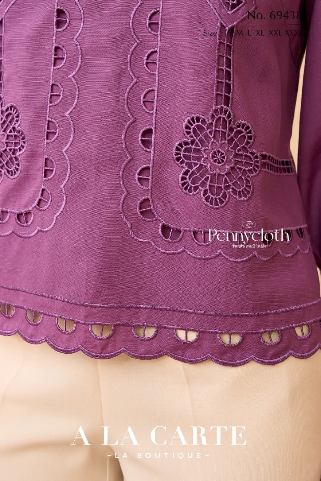 69879 เสื้อ Alacarte ลินินซิลด์ งานปักฉลุ ลายกราฟิกและดอกไม้ คอกลม แขน 5 ส่วน by PENNY CLOTH