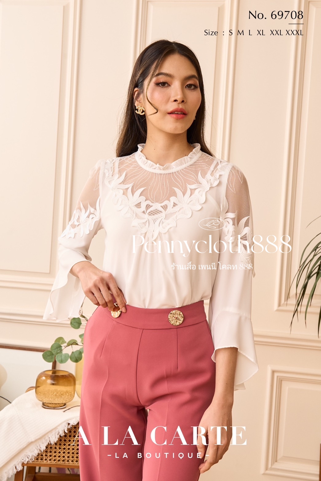 69708 เสื้อ A La Carte ชีฟอง งานปักผ้าลูกไม้ตาข่าย ช่วงอกและแขน ทรงแขนแฟร์ เสื้อมีซับใน